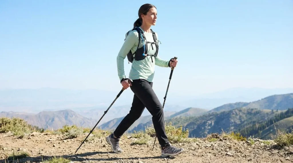 A female hiker wearing slim-fit black Mountain Hardwear Dynama pants being weighed on a small ultralight digital scale at a trailside rest stop, backpack visible, mountain backdrop
