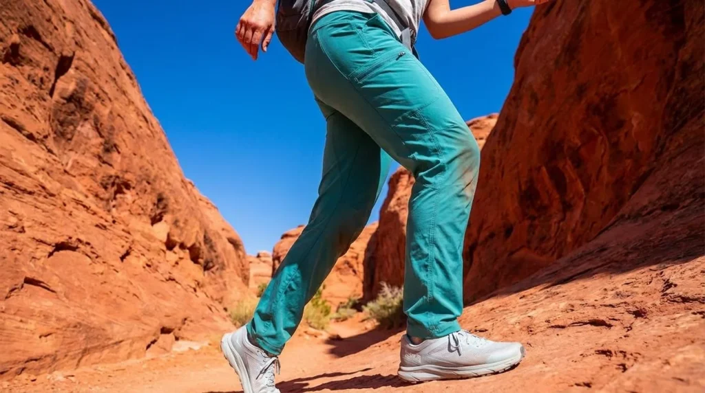 A female hiker wearing athletic-fit teal Outdoor Research Ferrosi pants ascending a steep sun-drenched desert trail, fabric visibly light and airy, blue sky and red rock canyon behind her