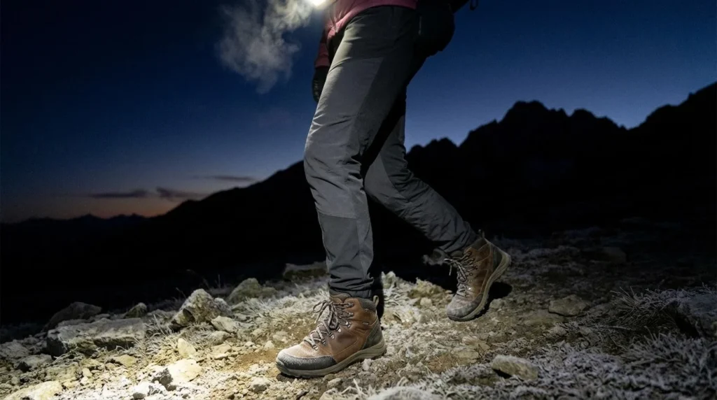 A female hiker wearing charcoal gray Patagonia Terravia Alpine pants on a pre-dawn alpine start, headlamp beam visible, frost on trail, breath vapor, dramatic dark mountain silhouette background