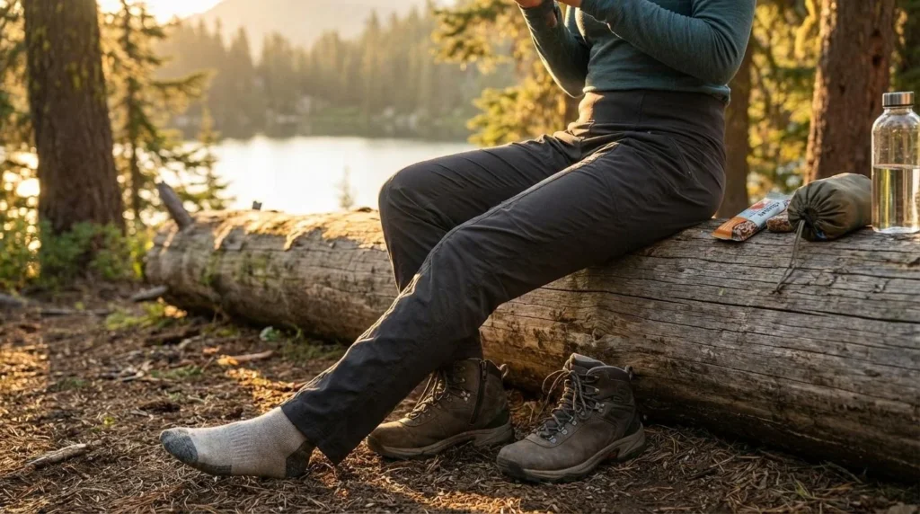 A female hiker wearing relaxed-fit charcoal Prana Koen hiking pants sitting comfortably on a trailside log at a lunch rest stop, boots off, feet resting, mountain lake visible behind