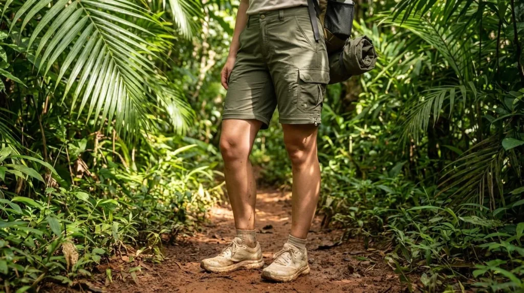 A woman wearing REI Sahara Convertible hiking pants as shorts after zip-off conversion, lower legs packed into her backpack side pocket, on a sunny tropical jungle trail
