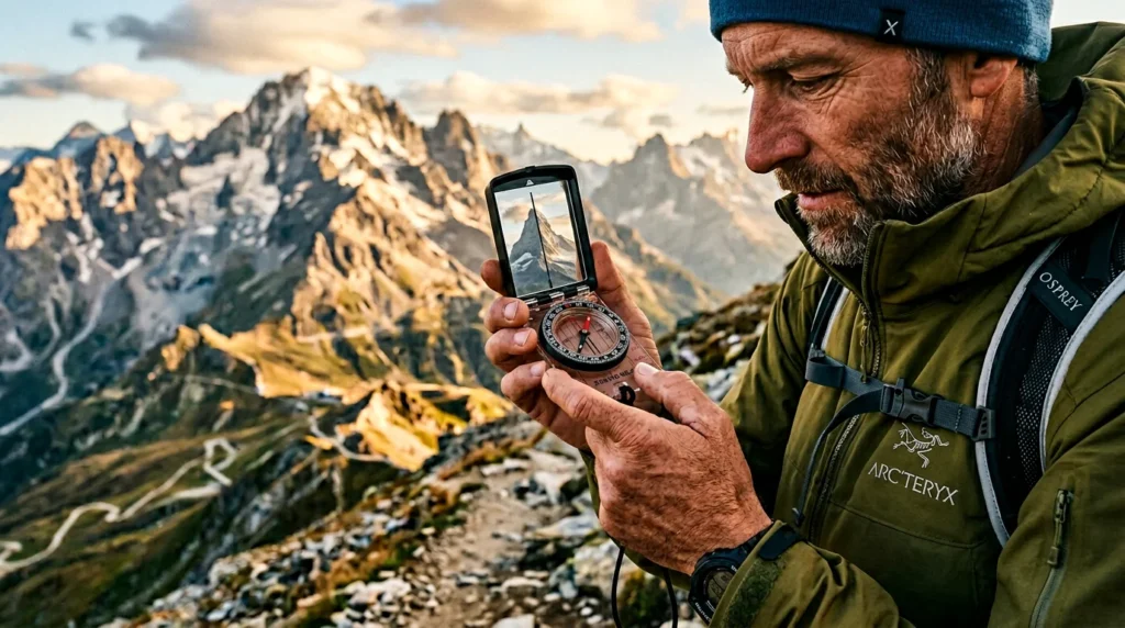 Close-up of a hiker using a mirror compass to sight a distant mountain peak, the peak reflected in the compass mirror while the bezel bearing is read simultaneously