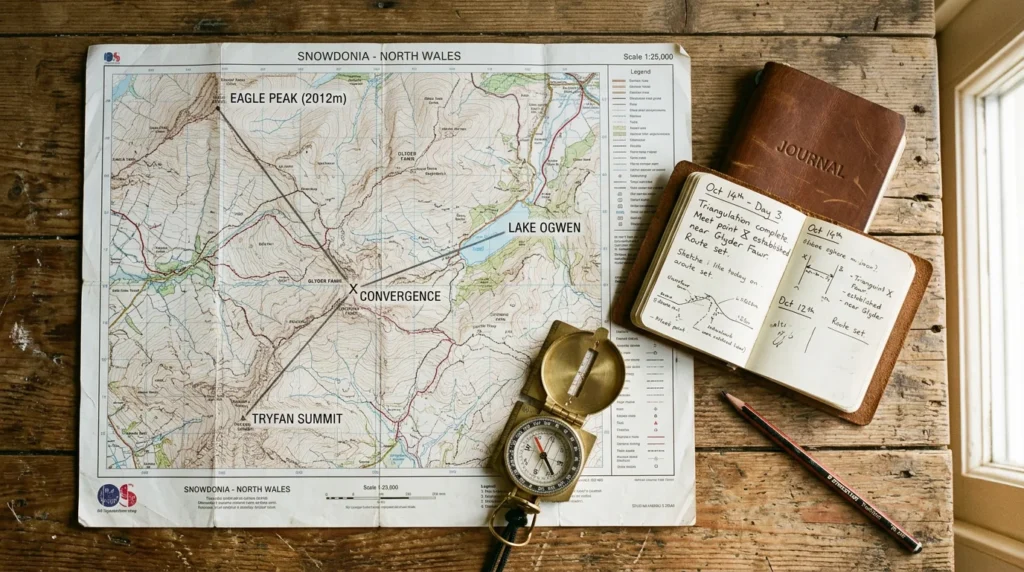 Flat-lay of a topographic map with three pencil bearing lines drawn from distinct landmarks converging at a single point, with a compass and pencil resting nearby on a wooden surface
