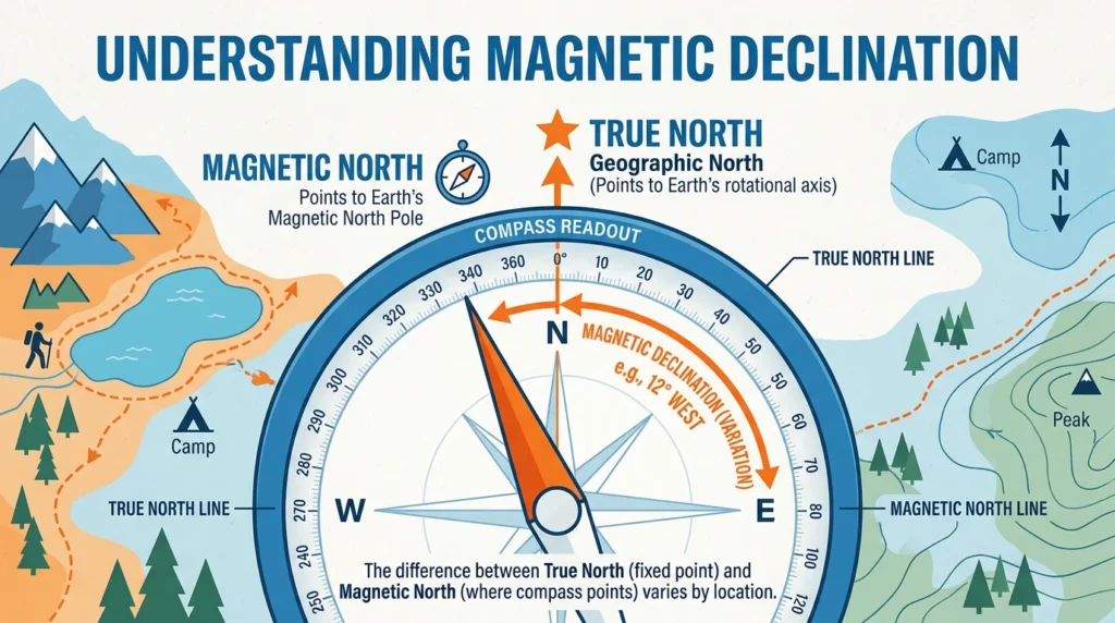 Infographic illustration showing the angular difference between true north and magnetic north on a compass, labeled with the word "declination" against a topographic map background