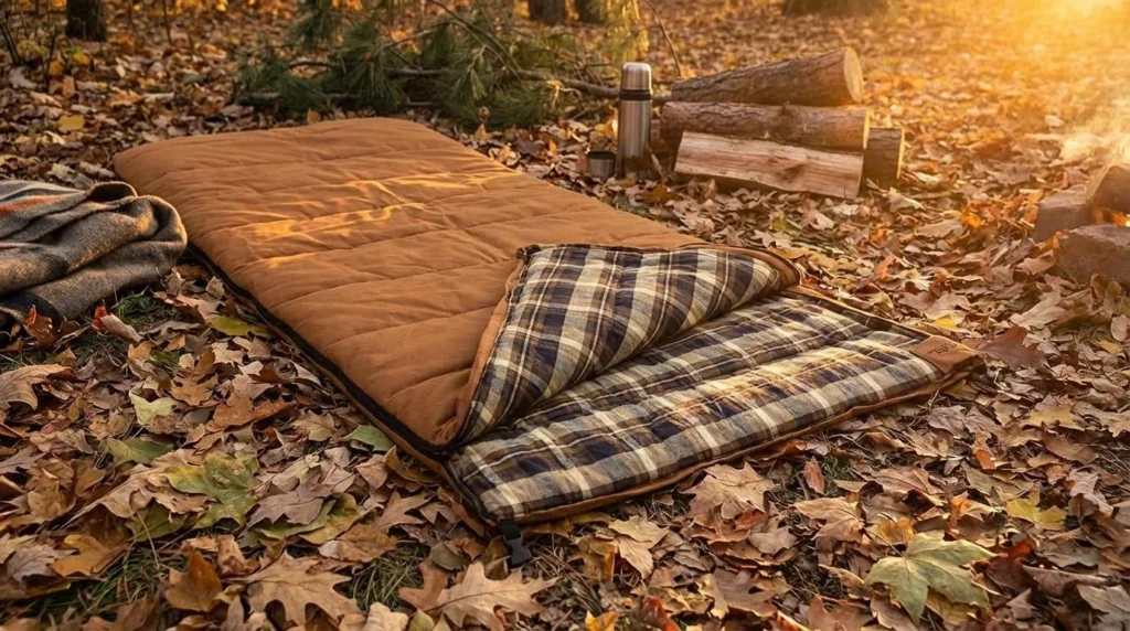 ALPS OutdoorZ Redwood flannel-lined sleeping bag fully zipped on a campsite, autumn leaves on the ground