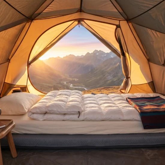 A cozy tent interior with a thick camping mattress set up for a comfortable night's sleep, mountain view visible through the open tent door at sunrise