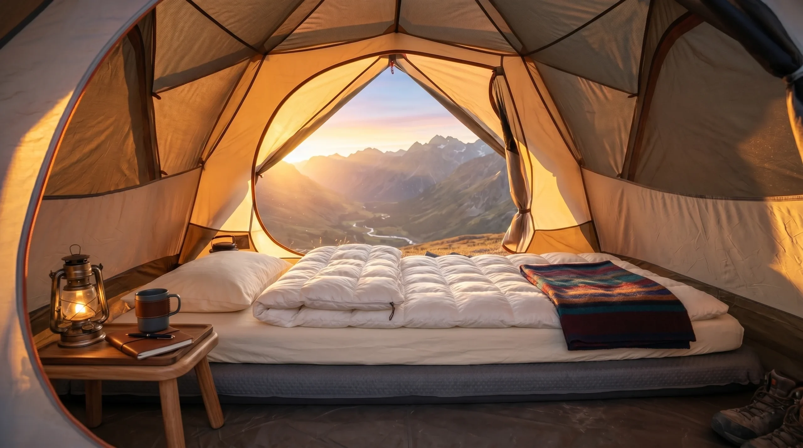 A cozy tent interior with a thick camping mattress set up for a comfortable night's sleep, mountain view visible through the open tent door at sunrise