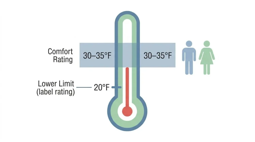 Infographic explaining camping sleeping bag temperature ratings — comfort rating vs lower limit rating on a temperature scale