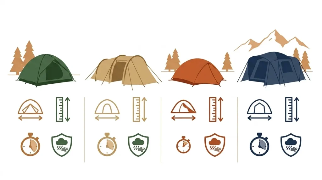 Illustration comparing four types of camping tents - dome, tunnel, low-profile, and basecamp - with feature icons