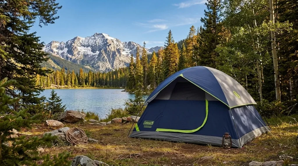 the Coleman Sundome 4 budget tent at a sunny public campground for a weekend trip