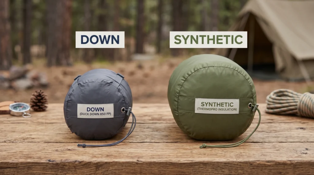 Side-by-side comparison of a compressed down sleeping bag and a bulkier synthetic sleeping bag on a wooden campsite surface
