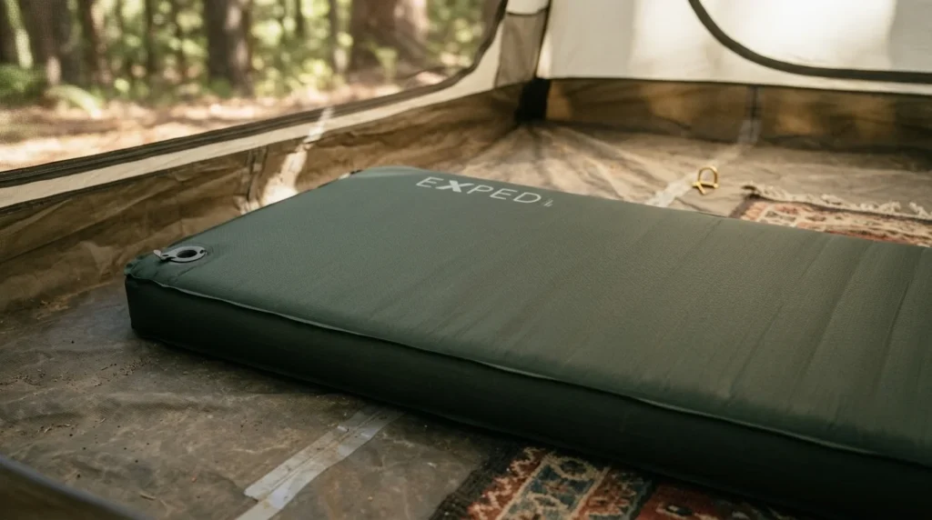 Exped MegaMat 10 LXW self-inflating camping mattress unrolled inside a tent showing its 4-inch thickness and brushed polyester surface