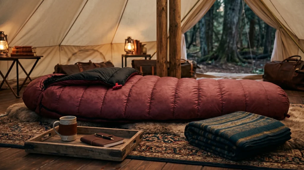 Feathered Friends Penguin YF 20 premium 900-fill down sleeping bag fully lofted inside an upscale canvas tent