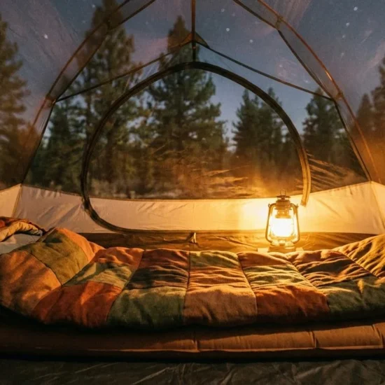 A lofted, flannel-lined camping sleeping bag laid out inside a glowing tent at night, surrounded by forest