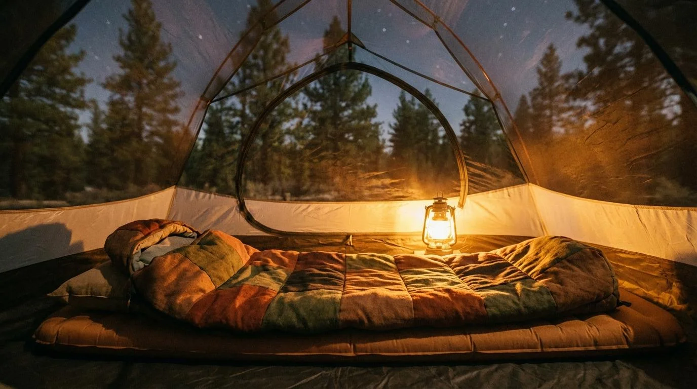 A lofted, flannel-lined camping sleeping bag laid out inside a glowing tent at night, surrounded by forest