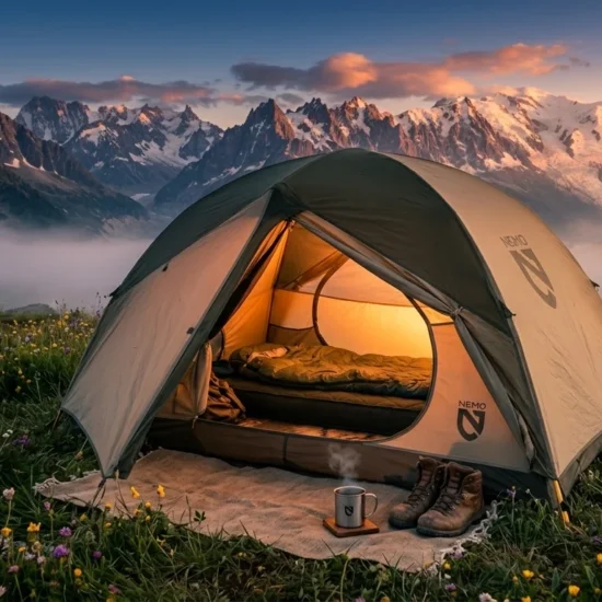 Best camping tents of 2026 — premium dome tent glowing at golden hour in an alpine meadow