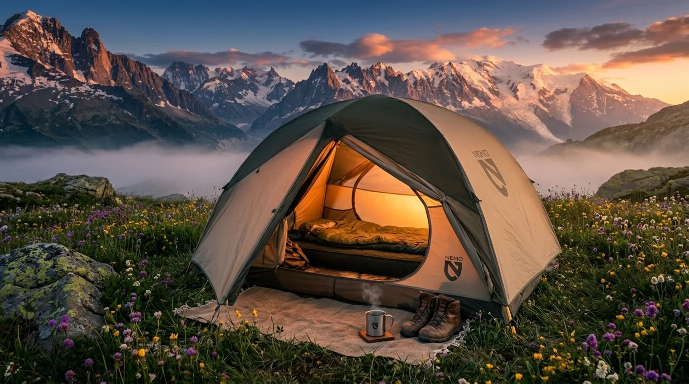 Best camping tents of 2026 — premium dome tent glowing at golden hour in an alpine meadow