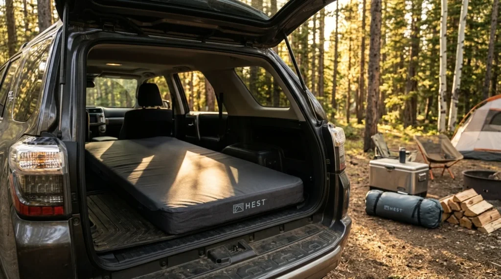 HEST Foamy Wide solid memory foam camping mattress unrolled in an SUV cargo area showing its 4-inch thickness and durable surface