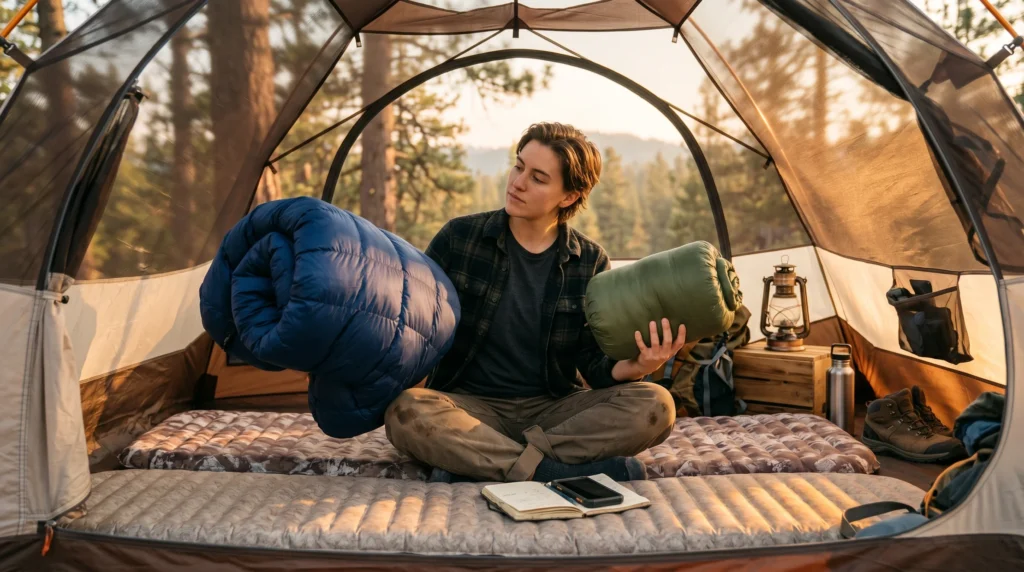 Camper comparing two sleeping bags inside a tent — how to choose the best camping sleeping bag for car camping