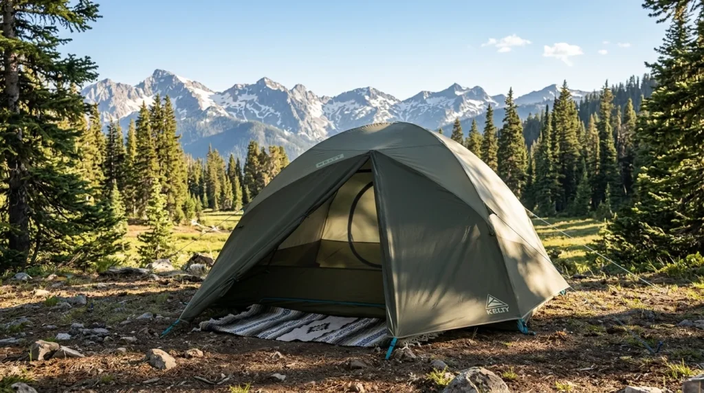 Kelty Daydreamer 6 with Twilight Tech blackout fabric keeping the interior dark at sunrise while other tents glow with light