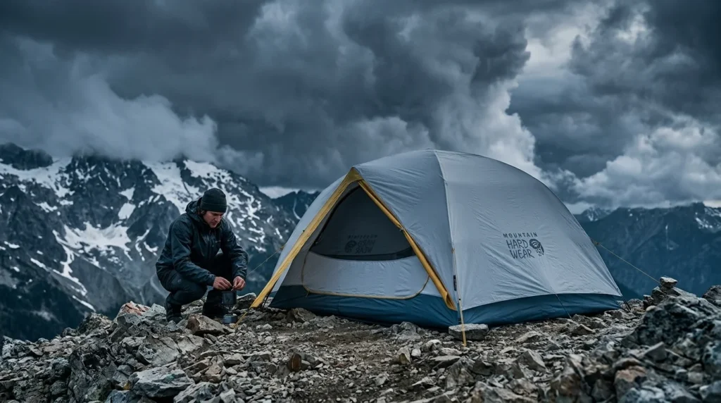 Mountain Hardwear Mineral King 3 low-profile tent on a rocky alpine ridge in stormy conditions