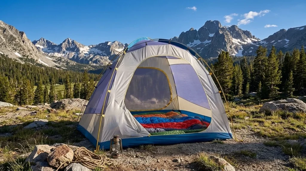 Mountainsmith Conifer 5+ large basecamp tent pitched at a group campsite surrounded by forest and full camp setup