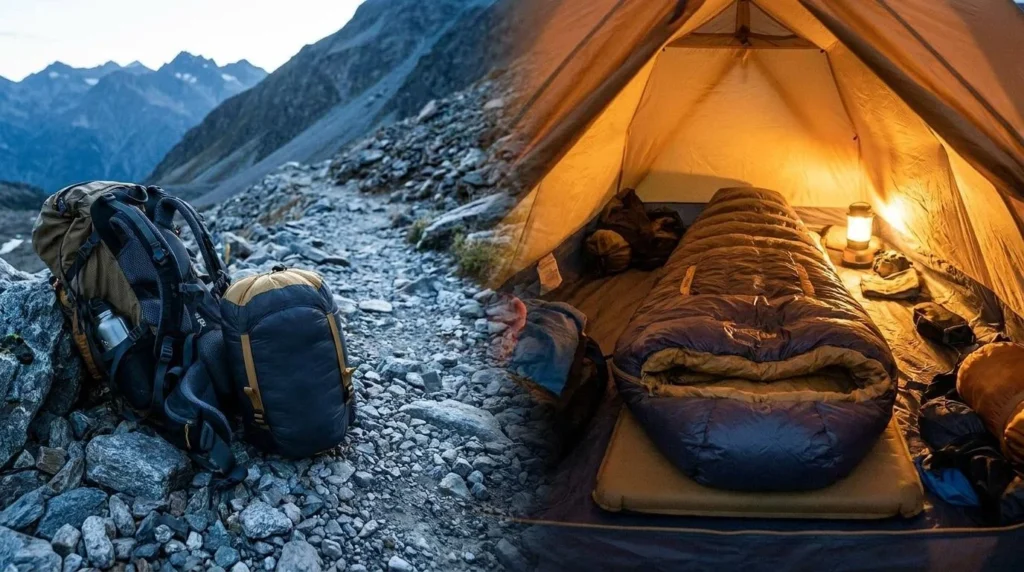 NEMO Disco 15 down sleeping bag compressed into its stuff sack next to a backpack on a rocky trail