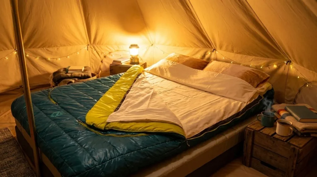 NEMO Jazz 30 Double sleeping bag open wide inside a tent showing the full-width pillow pocket and removable inner sheet