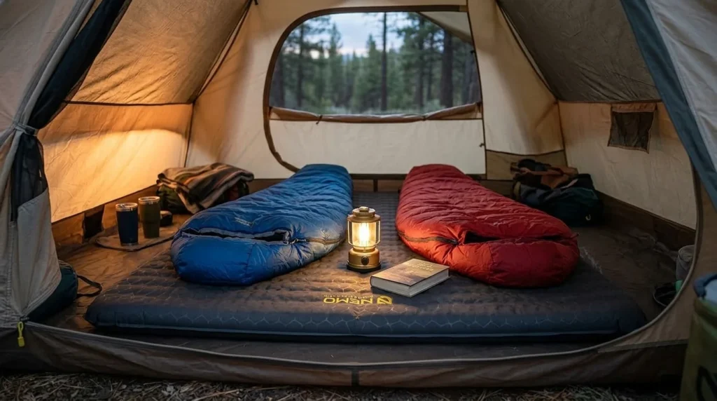 NEMO Roamer Double camping mattress for couples fully inflated inside a tent with two sleeping bags side by side, showing the 52-inch wide sleep surface