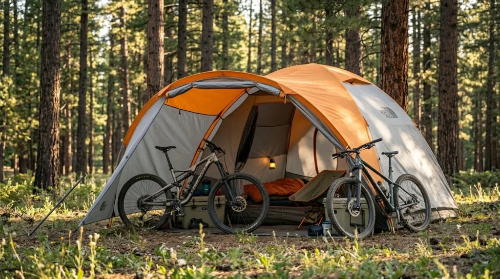 The North Face Wawona 6 tent with massive vestibule storing bikes and camping gear at a forested campsite
