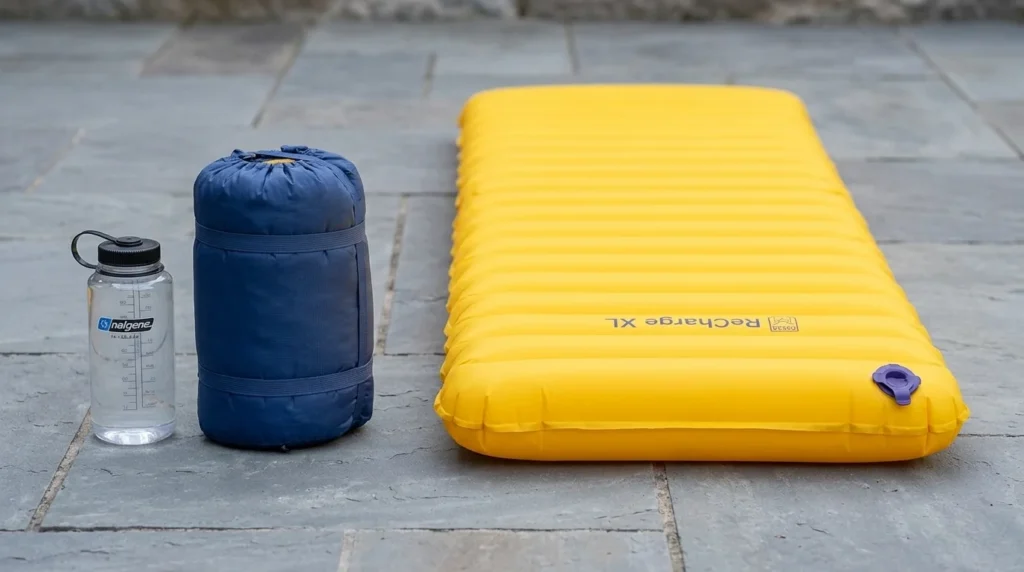 Paria Recharge XL lightweight air camping mattress packed down to bottle size next to its inflated version showing the dramatic size difference