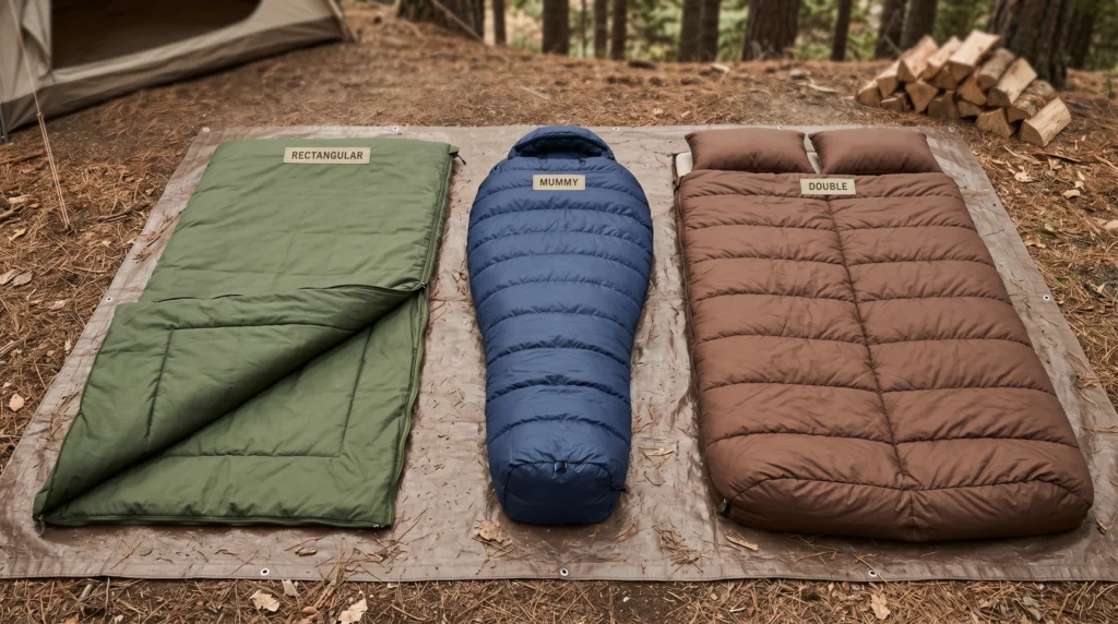 Three sleeping bags laid side by side showing rectangular, mummy, and double shapes for camping — shape comparison guide