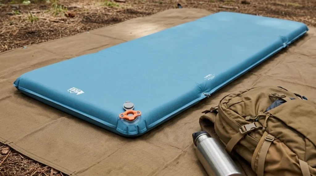 REI Campwell XL budget self-inflating camping mattress unrolled beside camping gear showing its slim 2.5-inch profile and valve system
