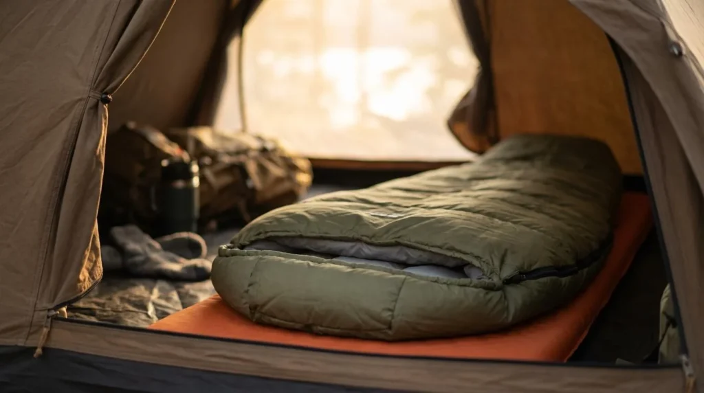 REI Co-op Siesta Hooded 20 rectangular camping sleeping bag laid open on a sleeping pad inside a tent