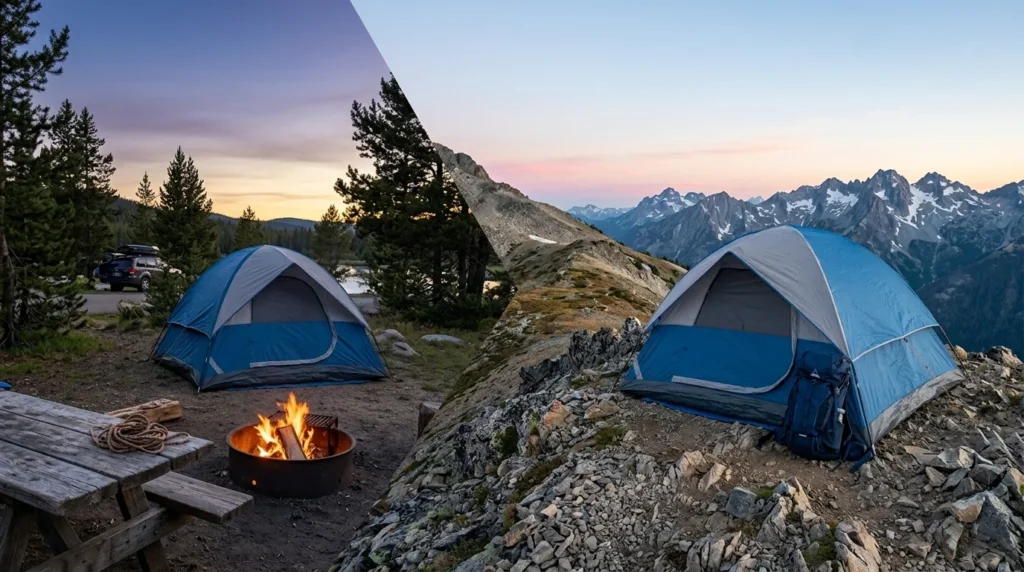 REI Half Dome 3 tent shown at a car campsite and a backcountry ridgeline - the ultimate crossover camping tent