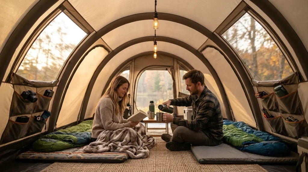 Spacious interior of the REI Wonderland 4 luxury tunnel tent with couple relaxing and standing headroom