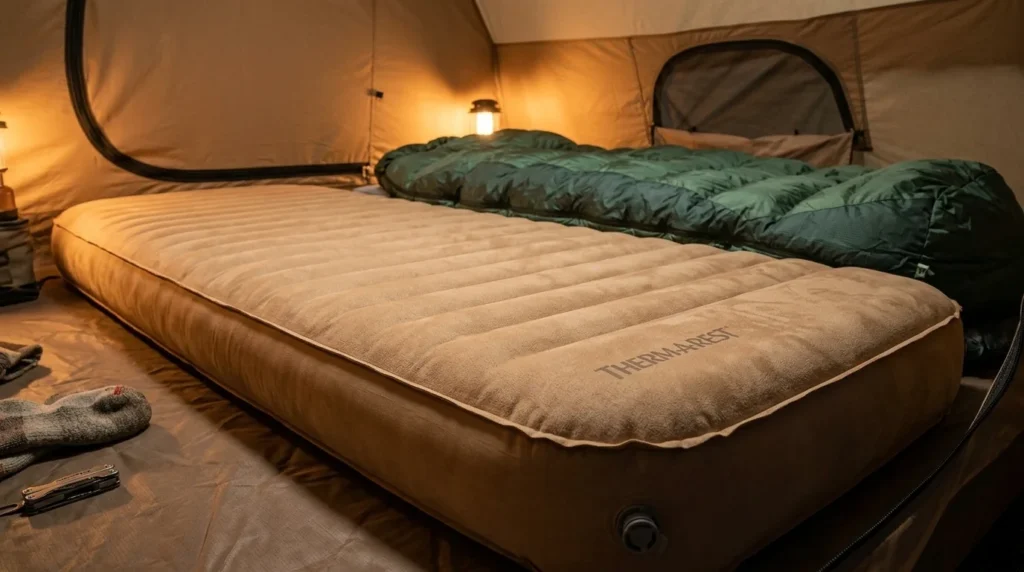 Therm-a-Rest MondoKing 3D XXL camping mattress fully inflated at 4.25 inches thick inside a large family tent, showing its chamois-like plush surface