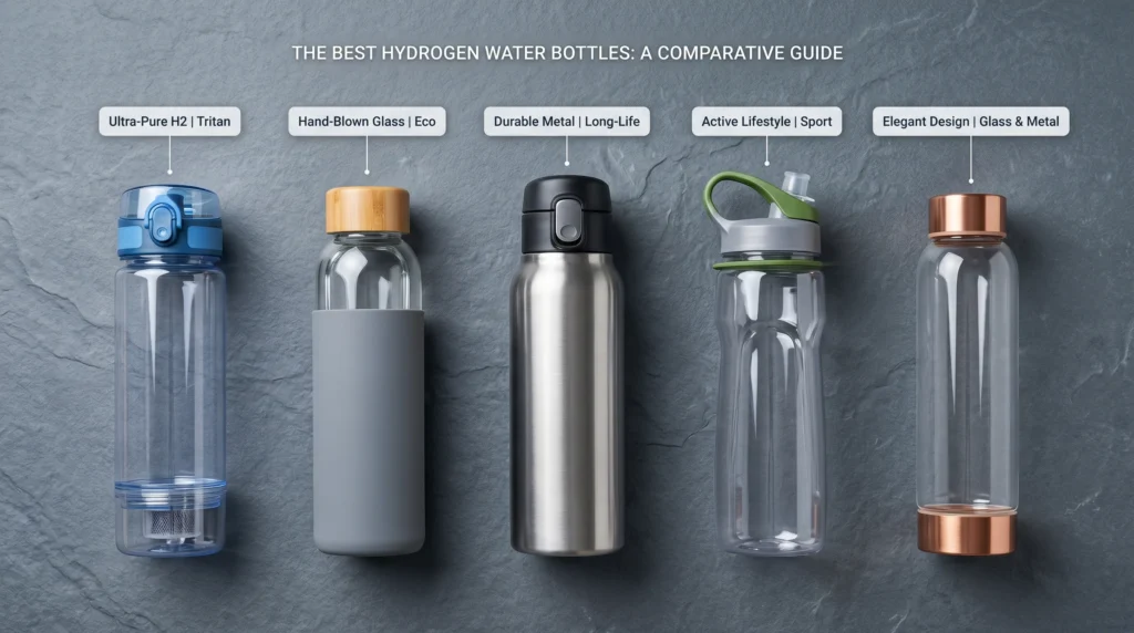Five hydrogen water bottles arranged side by side for a 2026 buyer's guide comparison