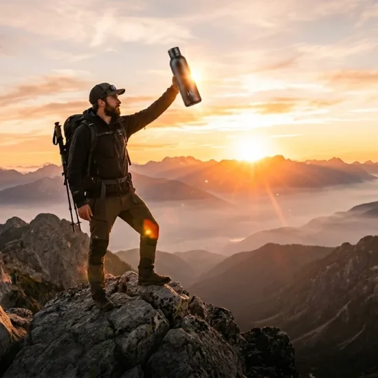 Hiker holding a hydrogen water bottle on a mountain summit at golden hour