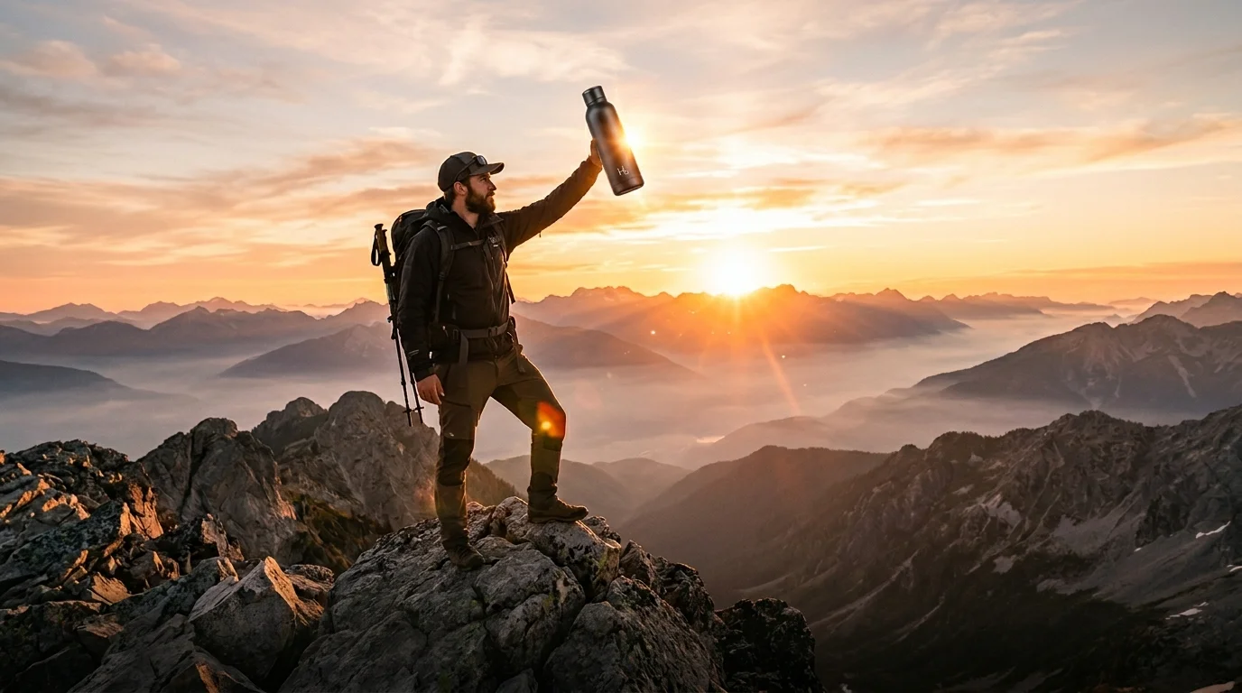 Hiker holding a hydrogen water bottle on a mountain summit at golden hour
