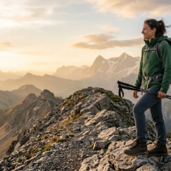 A woman standing on a rocky mountain ridgeline wearing mid-cut hiking boots at golden hour, representing the best women's hiking boots of 2026