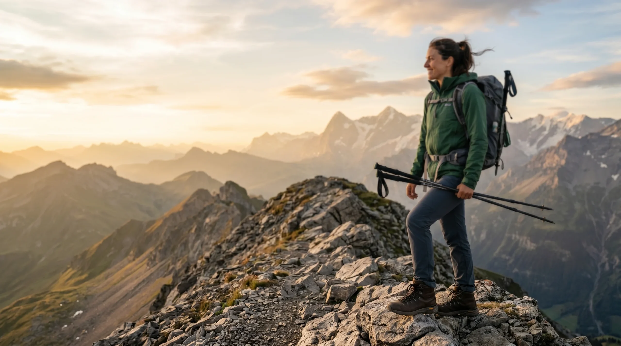 A woman standing on a rocky mountain ridgeline wearing mid-cut hiking boots at golden hour, representing the best women's hiking boots of 2026