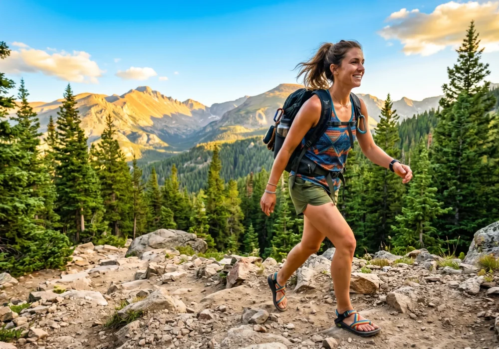 Woman hiking on a rocky mountain trail wearing the best women's hiking sandals in 2026