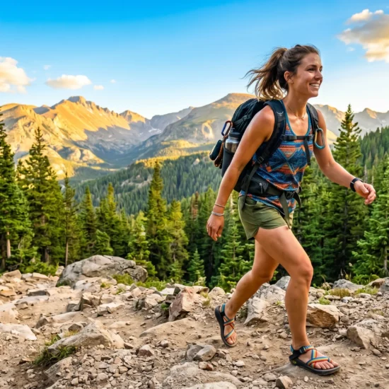 Woman hiking on a rocky mountain trail wearing the best women's hiking sandals in 2026