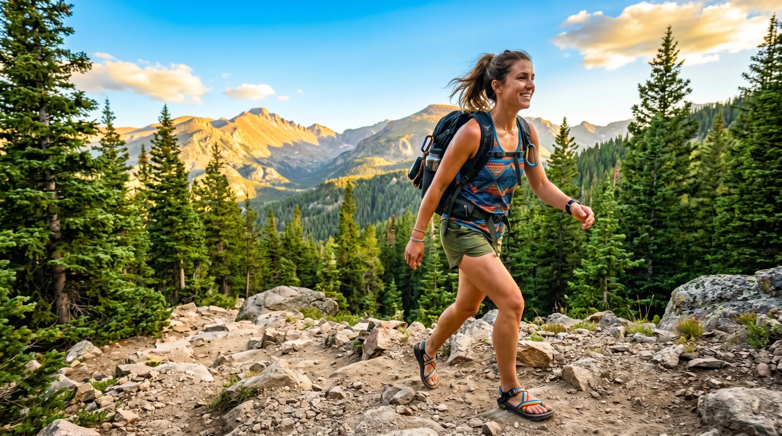 Woman hiking on a rocky mountain trail wearing the best women's hiking sandals in 2026