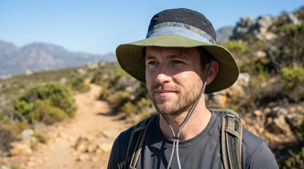 Buff Explore Booney hat crushed and stuffed into its self-storage pocket on an ultralight pack