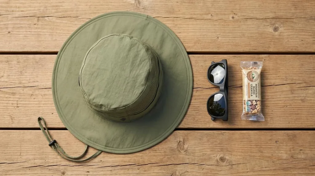 Columbia Bora Bora Booney II boonie hat flat lay with sunglasses and trail snack on wooden surface