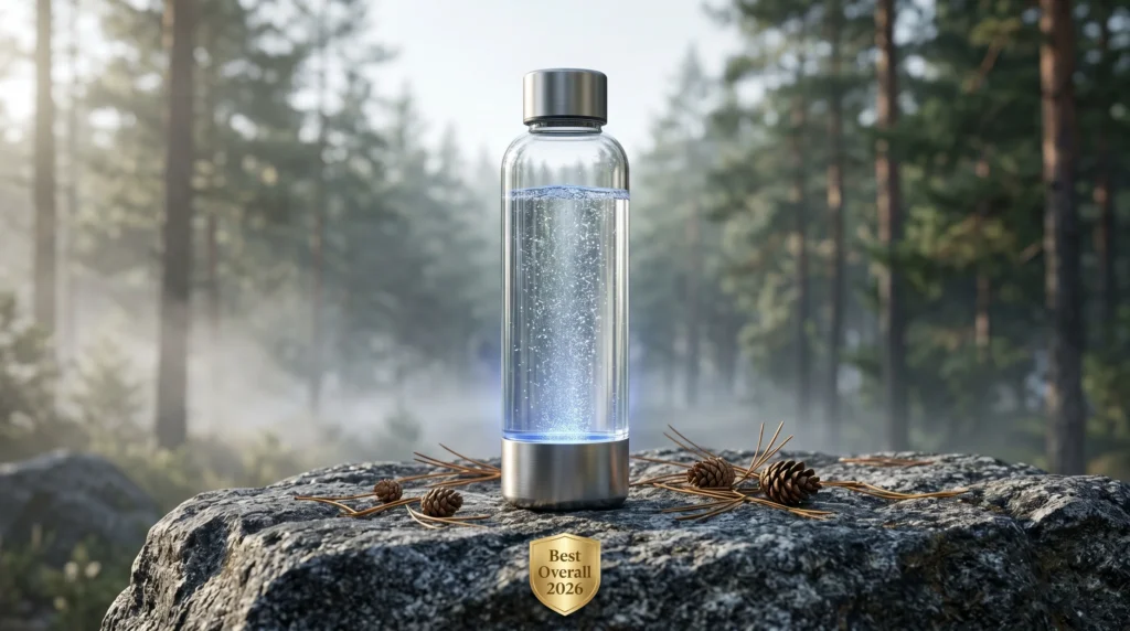 Dr. Water Hydrator Max hydrogen water bottle on a granite rock in a misty pine forest