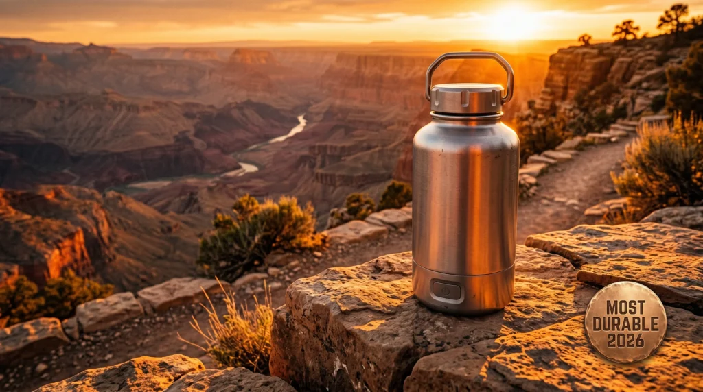 EVOLV aluminum hydrogen water bottle on a rocky trail ledge overlooking a canyon at sunset