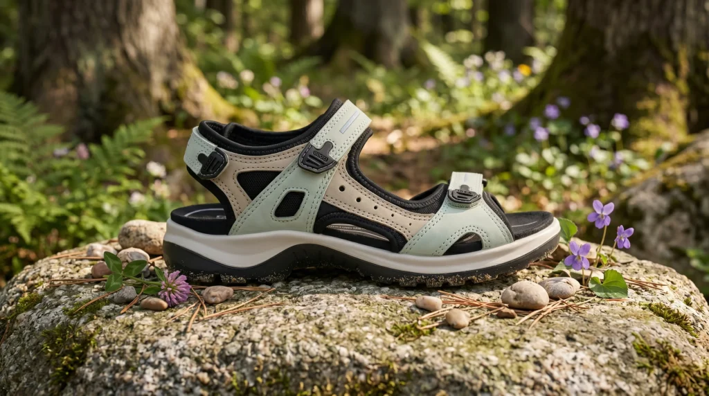 Ecco Yucatan hiking sandal with padded straps and ankle support on a marble surface
